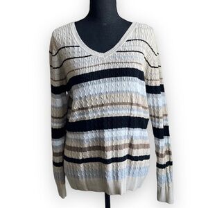Studio works cream striped Vneck sweater